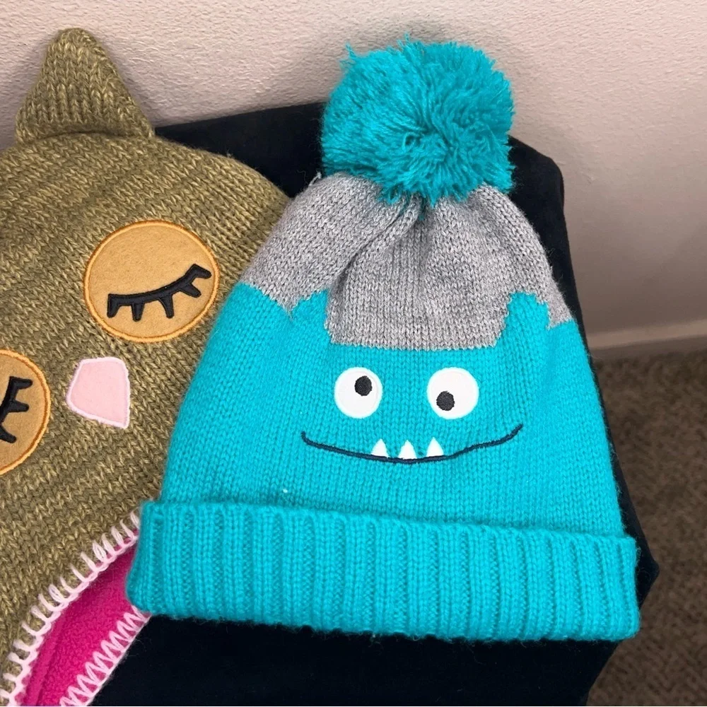 Set Of 2 Girls Hats Winter Fun Knit Owl  Monster Cute Cozy Winter 2T 5T